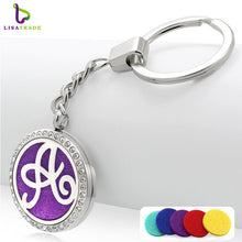 Fashion Stainless Steel rhinestones letter Aromatherapy Diffuser keychain round perfume keychain for women with free pad