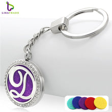 Fashion Stainless Steel rhinestones letter Aromatherapy Diffuser keychain round perfume keychain for women with free pad