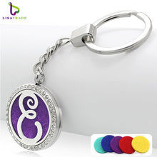 Fashion Stainless Steel rhinestones letter Aromatherapy Diffuser keychain round perfume keychain for women with free pad