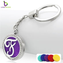 Fashion Stainless Steel rhinestones letter Aromatherapy Diffuser keychain round perfume keychain for women with free pad