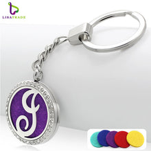 Fashion Stainless Steel rhinestones letter Aromatherapy Diffuser keychain round perfume keychain for women with free pad