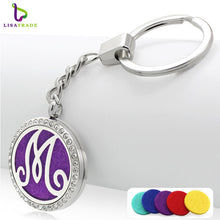 Fashion Stainless Steel rhinestones letter Aromatherapy Diffuser keychain round perfume keychain for women with free pad