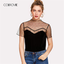 COLROVIE New Fashion Cut Out Plain Women Tee 2018 Caged Front Summer T-shirt Round Neck Short Sleeve Mesh Panel Velvet Shirt