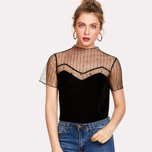 COLROVIE New Fashion Cut Out Plain Women Tee 2018 Caged Front Summer T-shirt Round Neck Short Sleeve Mesh Panel Velvet Shirt