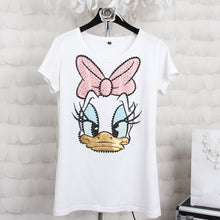 Plus size 4XL Women Summer Short Sleeve Sequined Donald Duck Print T shirts Fashion White Top Tees Women girls Designer Clothing