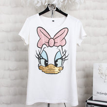 Plus size 4XL Women Summer Short Sleeve Sequined Donald Duck Print T shirts Fashion White Top Tees Women girls Designer Clothing