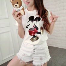 Plus size 4XL Women Summer Short Sleeve Sequined Donald Duck Print T shirts Fashion White Top Tees Women girls Designer Clothing