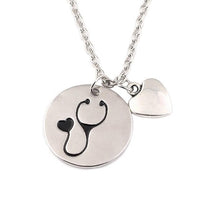 Engraved Black enamel Stethoscope round with heart pendant necklace nurse doctor Jewelry couple gift for nurse doctor lovers