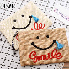 Women Cosmetic Bag Summer Straw Beach Bag Female makeup Beauty Organizer Ladies smiley face Cometic Bags tassel make up Bag