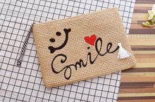 Women Cosmetic Bag Summer Straw Beach Bag Female makeup Beauty Organizer Ladies smiley face Cometic Bags tassel make up Bag
