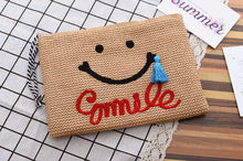 Women Cosmetic Bag Summer Straw Beach Bag Female makeup Beauty Organizer Ladies smiley face Cometic Bags tassel make up Bag