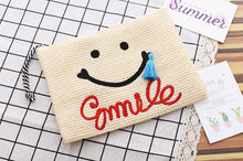 Women Cosmetic Bag Summer Straw Beach Bag Female makeup Beauty Organizer Ladies smiley face Cometic Bags tassel make up Bag